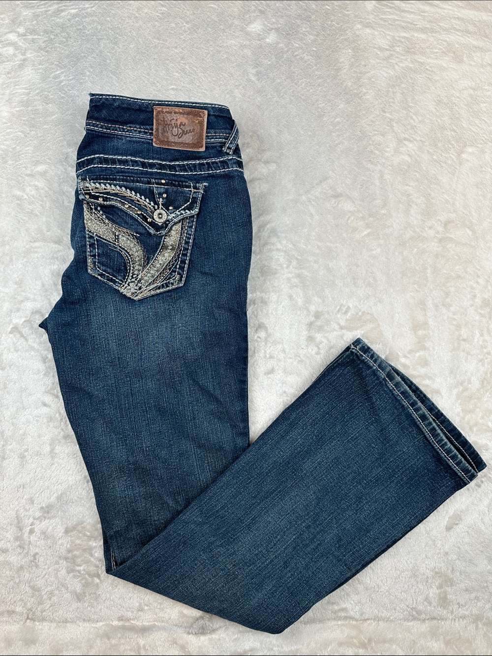 Ariya Jeans Womens 11/12 Bootcut Dark Wash Embellished Flap Pocket Stretch Y2K